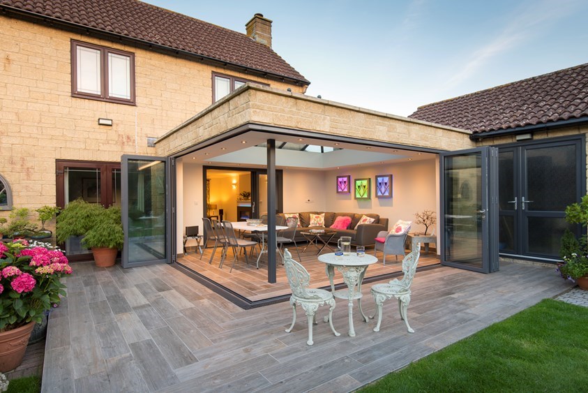 outside view of aluminium bifold doors East Sussex project in extension